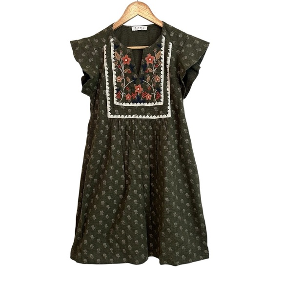 THML Dresses & Skirts - THML Women's SMALL Green Embroidered Floral Artisan Boho Comfy Casual Cap Dress